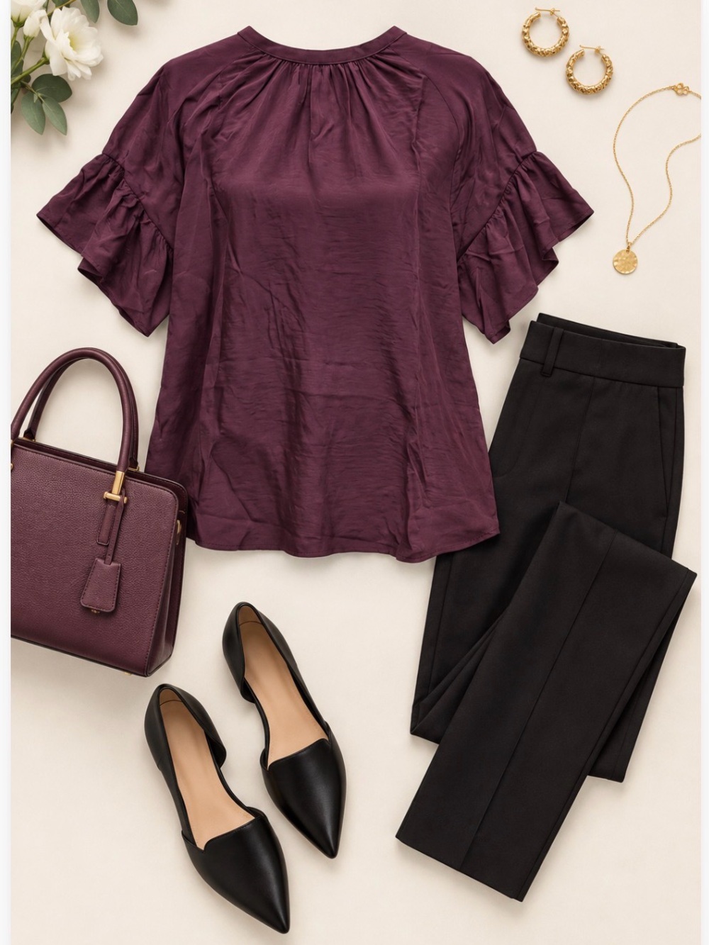 LOFT- Plum gathered neckline flutter sleeve top NWT
